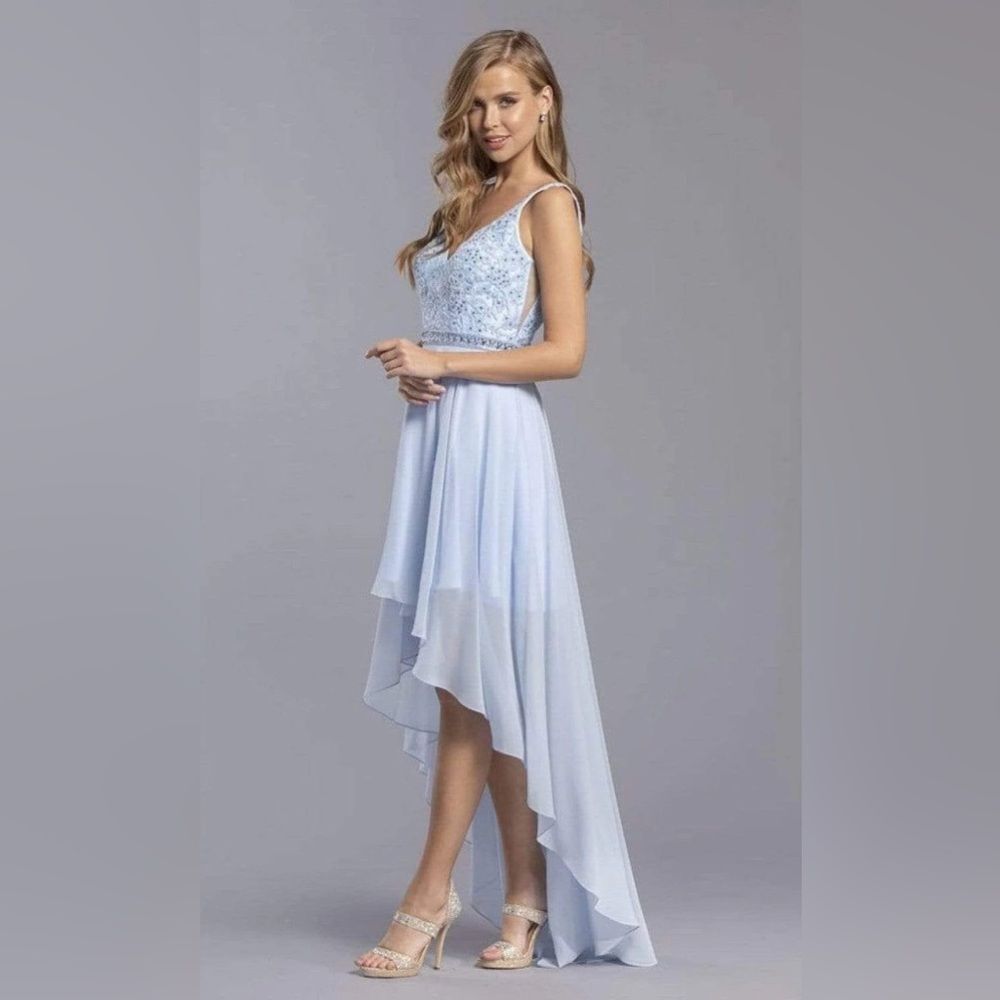 NEW Coya Collection V-Neck A-Line Dress Chic Sky Blue High Low Dress Size M